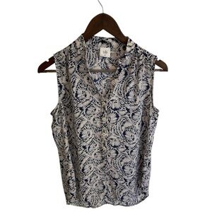 CAbi Navy and White Patterned Sleeveless Blouse